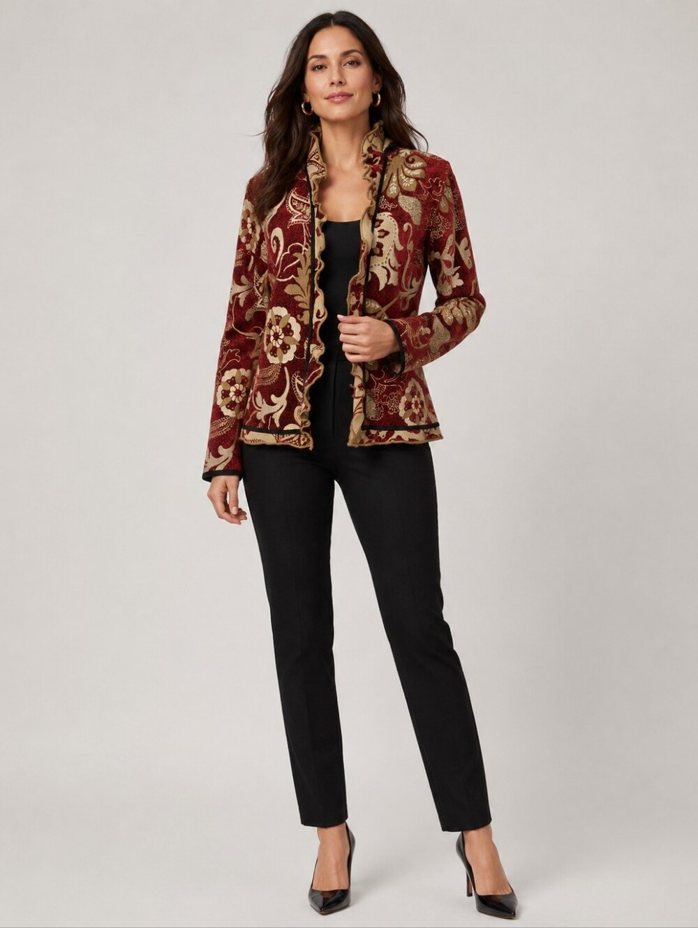TRIMDIN Vintage Red Cream Floral Ruffle Reversible Artisan USA Blazer Sz Large